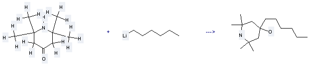 The Lithium, hexyl- can react with 2,2,6,6-Tetramethyl-piperidin-4-one to get 4-Hexyl-2,2,6,6-tetramethyl-piperidin-4-ol